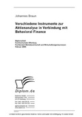 Cover: Verschiedene Instrumente zur Aktienanalyse in Verbindung mit Behavioral Finance - diplom.de