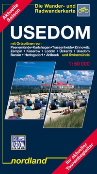 Abbildung von: Usedom mit Ortsplänen von Peenemünde, Karlshagen, Trassenheide, Zinnowitz, Zempin, Koserow, Loddin, Ückeritz, Usedom, Bansin, Heringsdorf, Ahlbeck und Swinemünde - Nordland-Kartenvlg