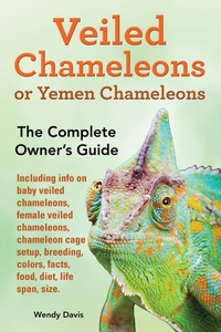 Abbildung von: Veiled Chameleons or Yemen Chameleons as pets. info on baby veiled chameleons, female veiled chameleons, chameleon cage setup, breeding, colors, facts, food, diet, life span, size. - Atticus Publications