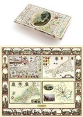 Cover: Cornwall 1611 - 1836 - Fold Up Map that features a collection of Four Historic Maps, John Speed's County Map 1611, Johan Blaeu's County Map of 1648, Thomas Moules County Map of 1836 and Robert Dawson's Reform Act Plan of Truro 1831. The maps are surrounded by Cornwall's Historic Buildings. - Mapseeker Archive Publishing