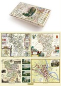 Cover: Derbyshire 1610 - 1836 - Fold Up Map that features a collection of Four Historic Maps, John Speed's County Map 1611, Johan Blaeu's County Map of 1648, Thomas Moules County Map of 1836 and Cole and Roper's Plan of the City of Derby 1806. The map's also features early views of Barlborough Hall, Doveridge House, Chatsworth House and Tissington Hall. - Mapseeker Archive Publishing