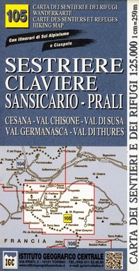 Abbildung von: Carta n. 105 Sestriere, Claviere, Prali 1:25.000. Carta dei sentieri e dei rifugi. Serie monti - Carta. Monti;Ist. Geografico Centrale