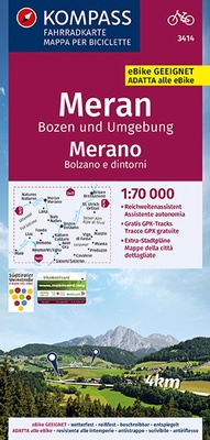 Abbildung von: KOMPASS Fahrradkarte 3414 Meran, Bozen und Umgebung, Merano, Bolzano e dintorn 1:70.000 - KOMPASS-Karten