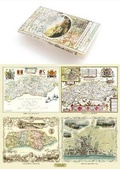 Cover: A County of Sussex 1611 - 1836 - Fold Up Map that features a collection of Four Historic Maps, John Speed's County Map 1611, Johan Blaeu's County Map of 1648, Thomas Moules County Map of 1836 and a Plan of the City of Brighton from 1851 by John Tallis. The maps feature a number of vignette views from the period including Brighton's Chain Pier. - Mapseeker Archive Publishing