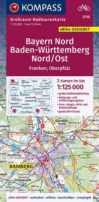 Abbildung von: KOMPASS Großraum-Radtourenkarte 3710 Bayern Nord, Baden-Württemberg Nord/Ost 1:125.000 - KOMPASS-Karten