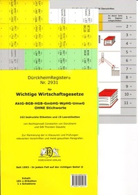 Abbildung von: DürckheimRegister® WICHTIGE WIRTSCHAFTSGESETZE (BGB, HGB, GmbHG, AktG, UmwG) §§ und Gesetze OHNE Stichworte - Dürckheim Verlag