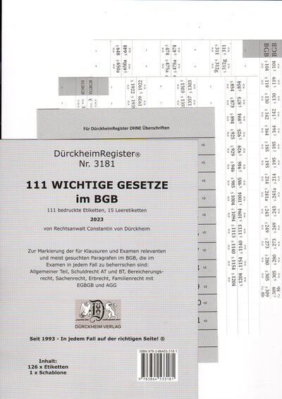 Abbildung von: DürckheimRegister® BGB - 111 WICHTIGE §§ im BGB - Dürckheim Verlag