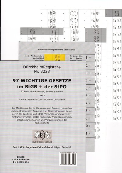 Abbildung von: DürckheimRegister® StGB+StPO - 97 WICHTIGE §§ im Strafrecht u. Strafprozessrecht OHNE - Dürckheim Verlag