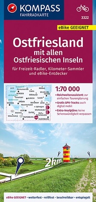 Abbildung von: KOMPASS Fahrradkarte 3322 Ostfriesland mit allen Ostfriesischen Inseln mit Knotenpunkten 1:70.000 - KOMPASS-Karten