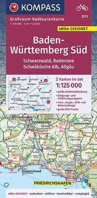 Abbildung von: KOMPASS Großraum-Radtourenkarte 3711 Baden-Württemberg Süd, Schwarzwald, Bodensee, Schwäbische Alb, Allgäu 1:125.000 - KOMPASS-Karten