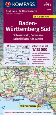 Abbildung von: KOMPASS Großraum-Radtourenkarte 3711 Baden-Württemberg Süd, Schwarzwald, Bodensee, Schwäbische Alb, Allgäu, 1:125.000 - KOMPASS-Karten