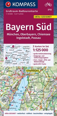 Abbildung von: KOMPASS Großraum-Radtourenkarte 3712 Bayern Süd, Oberbayern, Chiemsee, Ingolstadt, Passau, München, 1:125.000 - KOMPASS-Karten