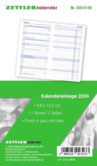 Abbildung von: Kalender-Ersatzeinlage 2024 - für den Taschenplaner Typ 520 - 8,8x15,2 cm - 1 Monat auf 2 Seiten - separates Adressheft - faltbar - Notiz-Heft - 520-6198 - Zettler