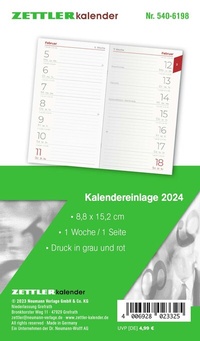 Bild vergrößern Bild: Kalender-Ersatzeinlage 2024 - für den Taschenplaner Typ 540 - 8,8x15,2 cm - 1 Woche auf 1 Seiten - separates Adressheft - faltbar - Notizheft - 520-6198 - Zettler