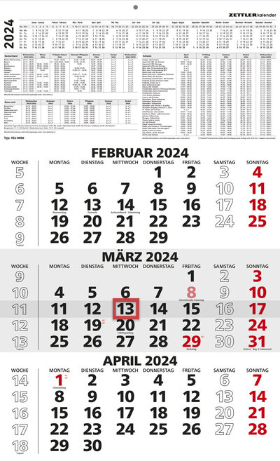 Abbildung von: 3-Monatskalender schwarz/rot 2024 - 29,7x48,8 - mit Kopftafel - Datumsschieber - 956-0000 - Neumann Verlage GmbH & Co. KG