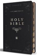 Cover: KJV Holy Bible, Giant Print Thinline Large format, Black Premium Imitation Leather with Ribbon Marker, Red Letter, and Thumb Index - Origen