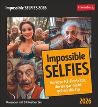 Abbildung von: Impossible Selfies Postkartenkalender 2026 - Kuriose KI-Porträts, die es gar nicht geben dürfte - Harenberg