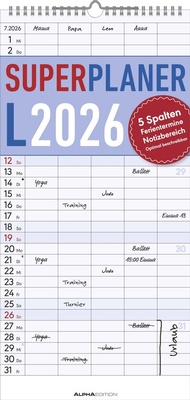 Abbildung von: Superplaner L 2026 5 Spalten - Familien-Timer 22x45 cm - Offset-Papier - mit Ferienterminen - Wand-Planer - Familienkalender - Alpha Edition - ALPHA EDITION