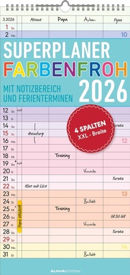 Abbildung von: Superplaner Farbenfroh 2026 mit 4 Spalten - Familien-Timer 22x45 cm - Offset-Papier - mit Ferienterminen - Wand-Planer - Familienkalender - Alpha Edition - ALPHA EDITION