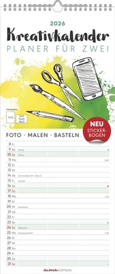 Abbildung von: Kreativ-Kalender Planer für 2 2026 - 3 Spalten - 19,5x45 cm - Foto, Malen, Basteln - datiert - Kreativkalender - Foto-Kalender - Alpha Edition - ALPHA EDITION