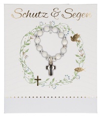 Abbildung von: Butzon & Bercker Tauf-Armband - Stretch-Armband mit weißen Glasperlen, Rosenperlen aus Metall und Kreuz-Anhänger, Lieferung in Geschenkverpackung - Butzon & Bercker