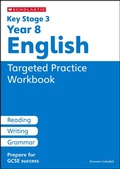 Cover: KS3 Year 8 English Targeted Practice Workbook with answers. - Scholastic