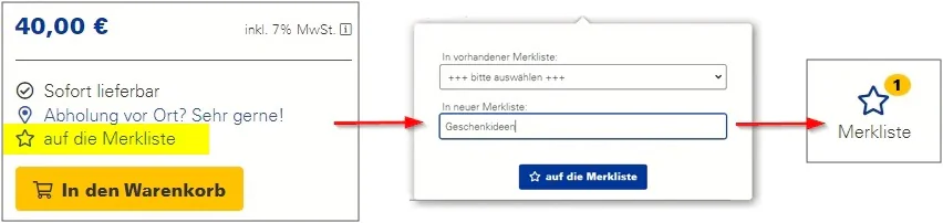 Eine Reihe von Screenshots, auf denen abgebildet ist, wie Titel auf Merklisten gesetzt werden.