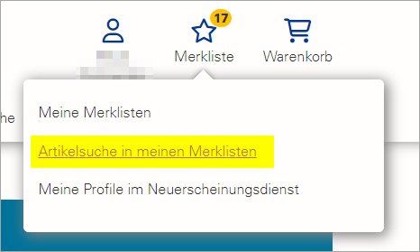 Ein Screenshot, auf dem zu sehen ist, wie auf Merklisten nach Artikeln gesucht werden kann.