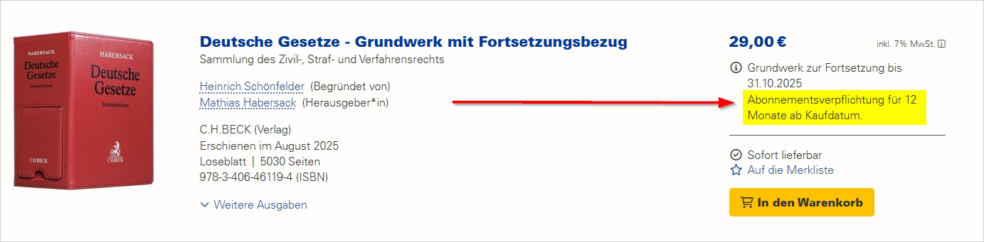 Screenshot des Webshops mit dem Hinweis auf die Abnahmeverpflichtung